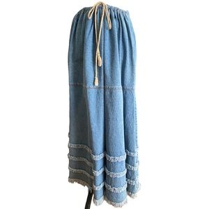 Boho Frayed Crossing Pointe Denim Maxi Skirt Sz XLG Grunge